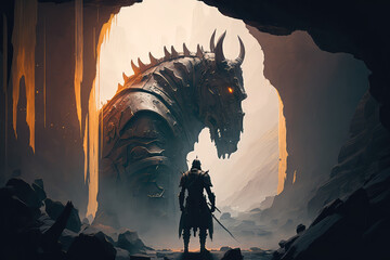 Horse monster looking at little hero with sword in the cave. Digital painting. (ai generated) - obrazy, fototapety, plakaty