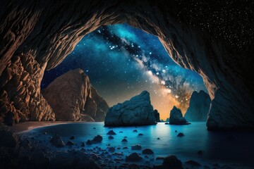 At night during the summer, the Milky Way forms an arch above the stunning mountain range and the clear blue ocean below. Scenery consisting of a colorful countryside under a starry night sky with the