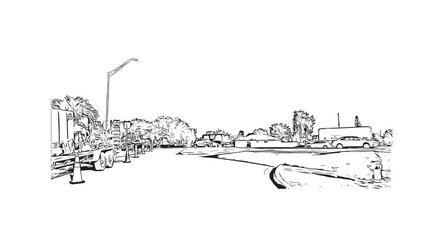 Building view with landmark of Pompano Beach is the 
city in Florida. Hand drawn sketch illustration in vector.