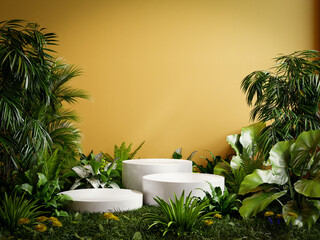 Three white circle podiums mockup for product presentation on yellow wall.