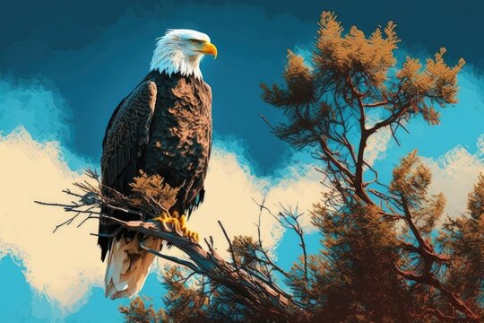 A stunning Bald Eagle, probably an American one, perched high on a tree. The backdrop consists of the sky. On Pinckney Island, she gets bathed in sunlight first thing in the morning. Generative AI
