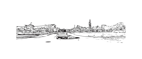 Building view with landmark of Pompano Beach is the 
city in Florida. Hand drawn sketch illustration in vector.