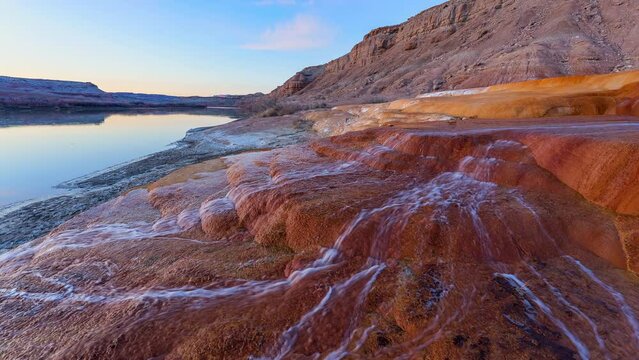 Timelapse along the Green River at the Crystal Geyser in Utah during sunset.
