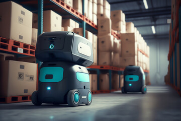 Fototapeta premium Autonomous Robot transportation in warehouse. generative ai