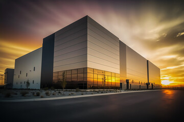 view of large modern industrial warehouse at sunset. generative ai