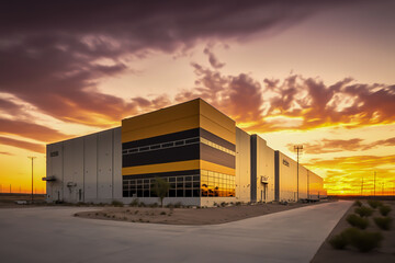 Fototapeta na wymiar view of large modern industrial warehouse at sunset. generative ai