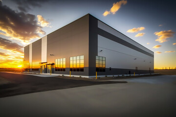 Obraz premium view of large modern industrial warehouse at sunset. generative ai