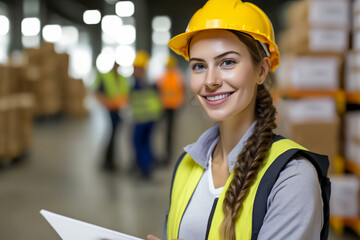 Portrait of female worker in distribution warehouse, smiling, generative ai