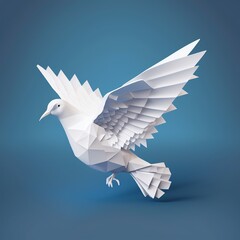 white origami flying peace dove isolated on blue background.