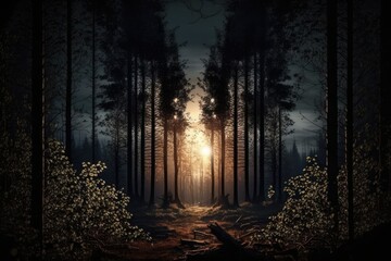 Obraz premium Scattered Sunlight Filtering Through the Trees of a Forest at Dusk. Generative AI