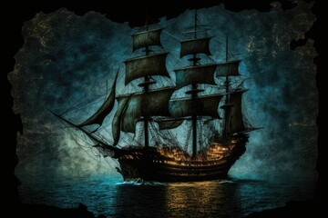 Old black pirate ship in the dark Caribbean ( , ). Generative AI