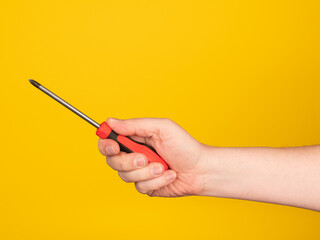 Hand holding a screwdriver. No face, yellow background.
