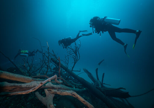 three scuba divers diving above a halocline in angelita cenote