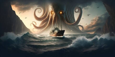 Kraken/Cthulhu Attack on Ship in the Ocean, Generative AI