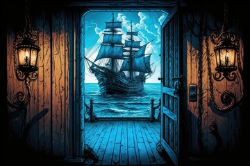 The deck of the pirate ship, having access to the galley and the captain's quarters via a door,. Generative AI