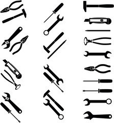 Tools icons set hammer and wrench, screwdriver and spanner black and white vector illustration