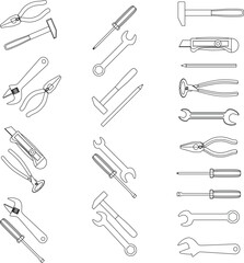 Tools icons set hammer and wrench, screwdriver and spanner outline vector illustration