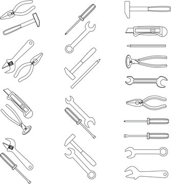 Tools icons set hammer and wrench, screwdriver and spanner outline vector illustration