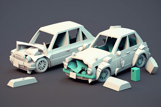 Two wrecked automobiles on a city street. After an accident, a white car is parked on the street with smashed bumpers and a broken side bumper. Generative AI