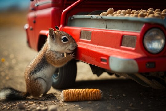 For the upcoming autumn, a chipmunk uses a red vehicle to fill peanuts inside checks. Generative AI