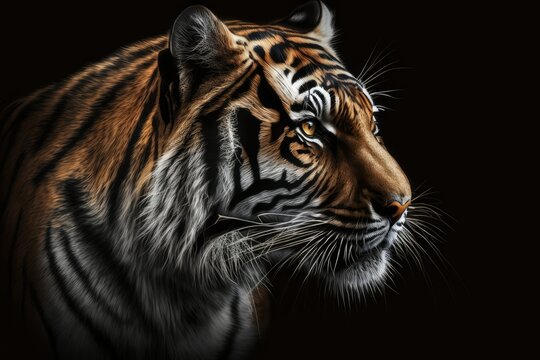 The face of an Indochinese tiger (Panthera tigris corbetti) isolated on black, with space for text. Generative AI