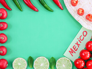 Vegetable frame made of radish, lime, mint, chili pepper, pita with note mexico