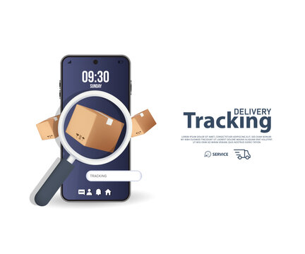 3D Online order tracking with map. Fast respond delivery package shipping on mobile. Vector illustration