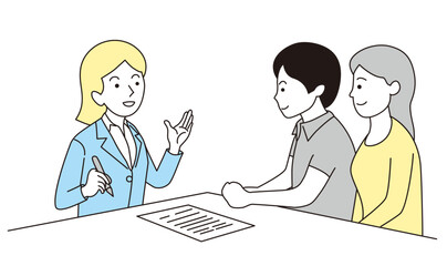 契約書類の記入の仕方を聞いている若い男女