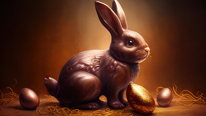 A chocolate easter bunny, rabbit made of chocolate, chocolate easter eggs, silver wrappers, ray of light , beam of light, Generative AI