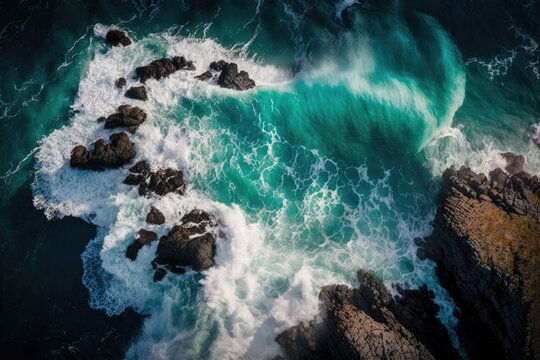 Waves pounding the rocks, seen from above. Amazing aerial perspective of the Atlantic Ocean off the coast of New Zealand, with its rugged shores and blue, turquoise ocean. Generative AI