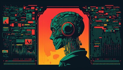 Vector Style Robot / Cyborg with AI. Android with Artificial Intelligence. Science Fiction, Machine Learning, Biometric Scanning, 3D Scanning, Face ID, Facial Recognition, Neural Network Concept Art. 