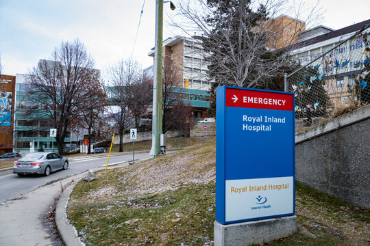 The Emergency Entrance Sign At The Royal Inland Hospital. Emergency Departments In Rural B.C. Have Had To Cut Back On Hours Due To Staff Shortages.