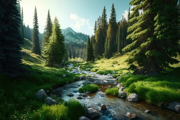 A peaceful brook from Latorita's spring winds its way through a dense spruce forest and a lush alpine meadow. Mount Capatanii in the Romanian Carpathians. Generative AI - obrazy, fototapety, plakaty