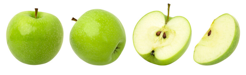 green apple, half and slice isolated, transparent png, collection, PNG format, cut out