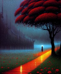 unusual path with a red tree