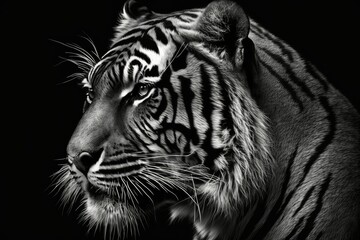 An image of a wild tiger's head, black and white. Generative AI