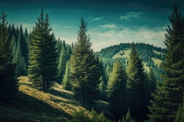 Forest of pine trees, verdant and new on a mountain slope. Generative AI