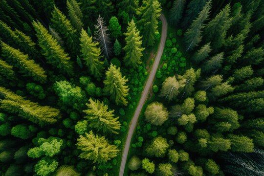 Pine Trees As Seen From Above. The Canopy Of The Forest. This Is A Bird's Eye View Of A Forest With A Dirt Road Through It. Pine Trees In Close Up Macro Shot. Observation Of A Forest Roadway From Abov