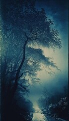the most beautiful tree in night sky with misty crepuscular light low angle shot cyanotype mist Generative AI