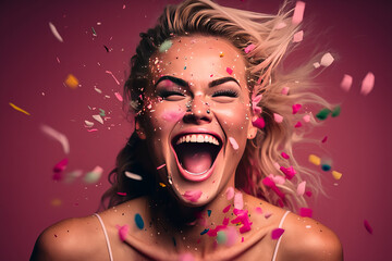 woman smiling and open-mouthed enjoying while confetti falling