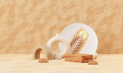 3D Render, Minimal Beige Stone Display Podium for Product Mock up or Cosmetics Presentation in Brown Studio.