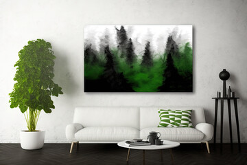 Create a stunning presentation backdrop, website header, Halloween print, wall mural, or tee with this abstract painting of a green forest painted with a paintbrush. Generative AI
