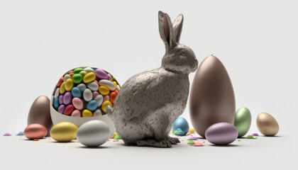 Fototapeta na wymiar Silver easter bunny, chocolate easter eggs, metalic, isolated on white, happy easter, Generative AI