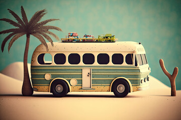 Toys of a vintage school bus set against a beachy, palm tree lined, paper accented summer background; a metaphor for a holiday. Generative AI