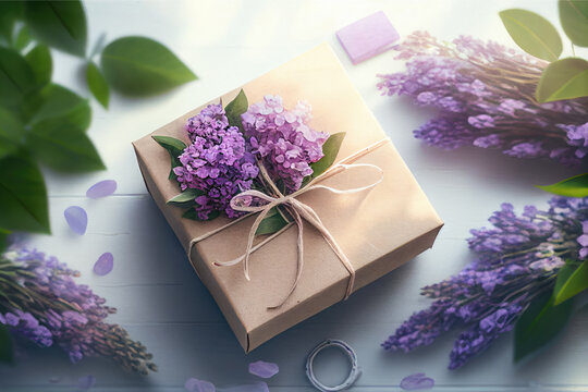 Gift box and flower bouquet on a white background. Violet lilac bunch, blooming lilac branches and cardboard gift box on a white table. Generative ai illustration in watercolor style