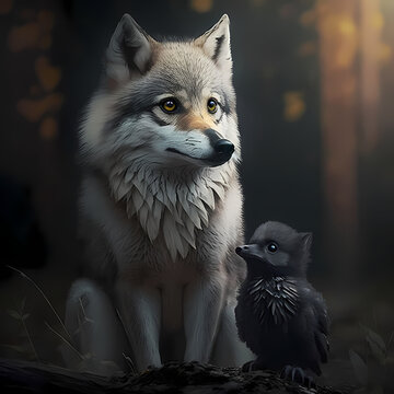 portrait of a wolf and baby bird. Generative AI
