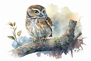 This is a watercolor painting of a cute little owl, which was illustrated for a children's book. Generative AI