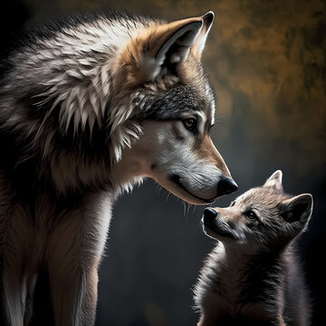 portrait of a wolf and Pup. Generative AI