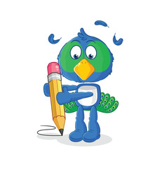 peacock write with pencil. cartoon mascot vector