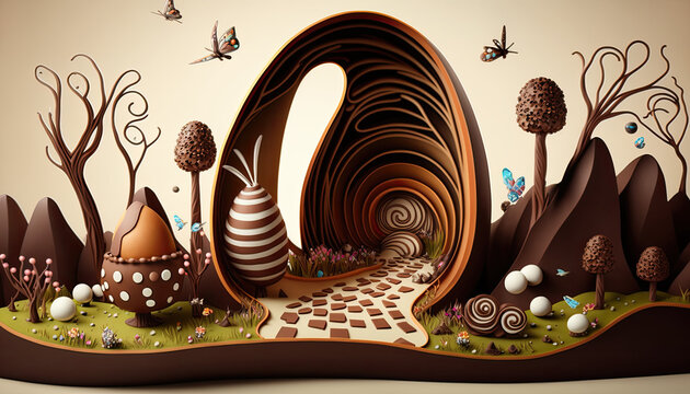 a giant chocolate easter egg wonderland, Generative AI